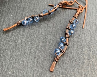 Wave Bar Earrings with Blue Glass Crystal Beads - Genuine Copper Celtic Dangle Earrings - Long Witchy Earrings - Wavy Drop Earrings