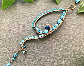 Raindrop Light Catcher Crystal for Window - Blue Beaded Copper Wire Hanging Ornament for Home or Garden - Weather Boho Aesthetic Room Decor