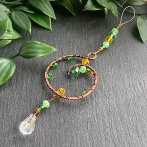Green Crystal Suncatcher: Copper Wire Botanical Boho Wall Hanging