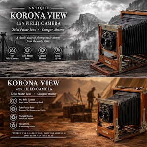 May include: An antique Korona View 4x5 field camera with a wooden frame, black bellows, and a Zeiss Protar lens with a Compur shutter. The camera features metallic hardware and is presented with text detailing its historical specifications.