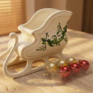 Vintage Porcelain Santas Christmas Sleigh FTD Holiday Decor Planter, w Original Rd & Gold Ornaments, Candy Dish with gold trim!!