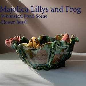 Vintage Whimsical Majolica Green Glaze w Frog, Lillys, Flower Bowl Planter Ceramic Pottery