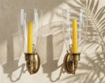 Two Vintage Colonial Williamsburg Candle Baldwin Brass Wall Sconces w/Hurricane Glass Shade