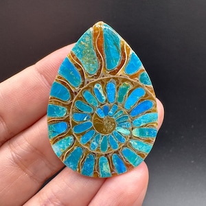 May include: A teardrop-shaped ammonite fossil inlayed with vibrant turquoise and blue stone segments. The spiral shell structure features natural brown mineral veins separating the bright blue inlaid sections, creating a distinct contrast.
