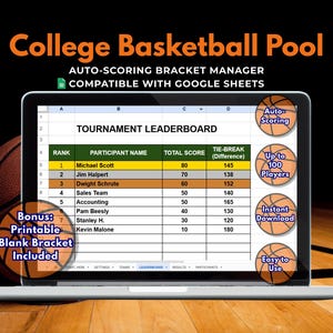 Op de afbeelding: Een laptop toont een klassement van een basketbaltoernooi met namen en scores van deelnemers. Het scherm toont de tekst "College Basketball Pool" en "Auto-Scoring Bracket Manager". Een basketbal is links zichtbaar. Tekst bevat "Up to 100 Players" en "Instant Download."