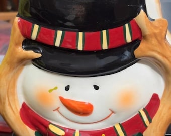 Vintage Snowman Napkin Holder in Red and Green with Scarf in Perfect Condition