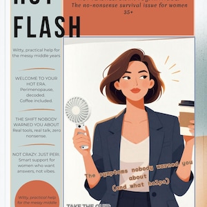Könnte beinhalten: Illustrierte Werbung mit dem Titel "HOT FLASH" in großen schwarzen Buchstaben. Das Bild zeigt eine Frau, die einen Fächer und eine Kaffeetasse hält, mit Text über Perimenopause und einem Quiz. Das Farbschema umfasst Blau-, Orange- und Weißtöne.