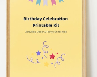 Printable birthday celebration kit for kids featuring party invitations, games, coloring pages, and decor.