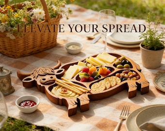Planche de charcuterie vache Highland, plateau d'apéritif de ferme rustique en bois, planche de service de fromages/plateau de service de casse-croûte de vache/cadeau de cuisine rustique