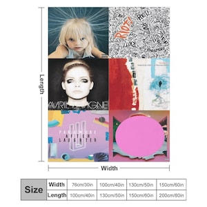 May include: A multi-panel blanket featuring album art and portraits. The blanket includes images of a young girl, Avril Lavigne, and album covers with the text "RIOT!" and "PARAMORE AFTER LAUGHTER". The blanket is available in various sizes, with a width of 30 inches to 60 inches.