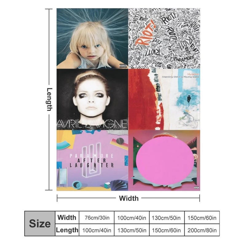 May include: A multi-panel blanket featuring album art and portraits. The blanket includes images of a young girl, Avril Lavigne, and album covers with the text "RIOT!" and "PARAMORE AFTER LAUGHTER". The blanket is available in various sizes, with a width of 30 inches to 60 inches.