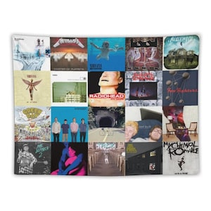 May include: A tapestry featuring a collage of album covers. The covers include Nirvana's "Nevermind", Metallica's "Master of Puppets", and Weezer's self-titled album. The tapestry is rectangular and made of fabric.