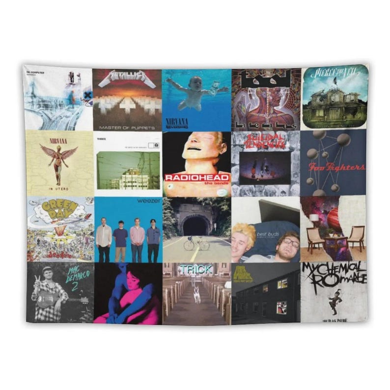 May include: A tapestry featuring a collage of album covers. The covers include Nirvana's "Nevermind", Metallica's "Master of Puppets", and Weezer's self-titled album. The tapestry is rectangular and made of fabric.