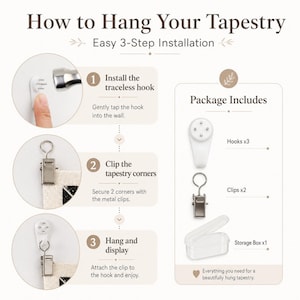 May include: An instructional graphic titled "How to Hang Your Tapestry" with a 3-step installation guide. The image shows how to install traceless hooks, clip tapestry corners, and hang the tapestry. The package includes hooks, clips, and a storage box.