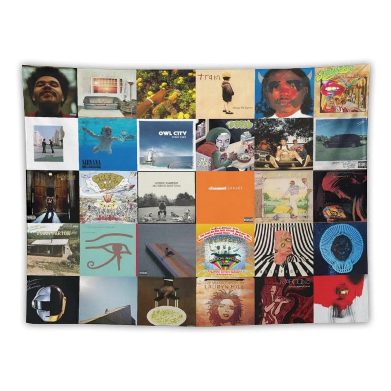 May include: A tapestry featuring a collage of album covers. The covers display a variety of colors and designs, including portraits, landscapes, and abstract art. The tapestry is rectangular and made of fabric.