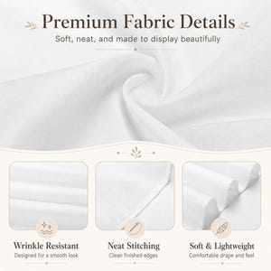 May include: White fabric with the text "Premium Fabric Details". The image highlights the fabric's features: wrinkle resistance, neat stitching, and a soft, lightweight feel. The fabric is designed to display beautifully.