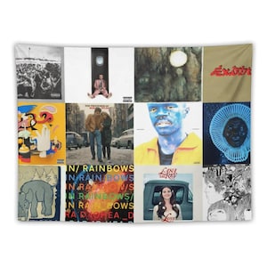 May include: A tapestry featuring album art from various artists. The artwork includes images of people, text, and abstract designs. The tapestry is rectangular and made of fabric, suitable for wall decor.
