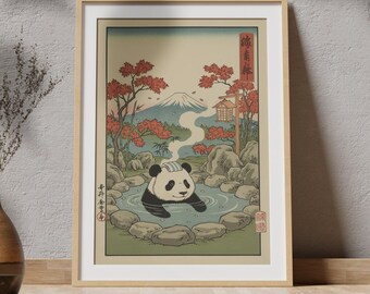 パンダのアートプリント：日本の木版画スタイル、アジアのアートワーク