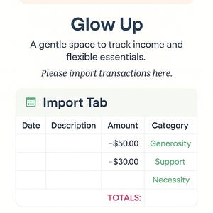 Szablon importu programu Excel Karta importu finansów Glow‑Up Łagodny start zapewniający przejrzyste śledzenie.