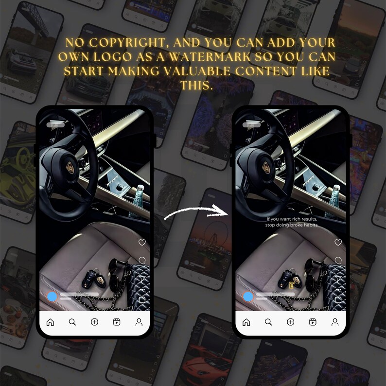 May include: Two smartphones displaying a car interior with a steering wheel and accessories. The background features multiple smartphone images. Text on the image reads: "NO COPYRIGHT, AND YOU CAN ADD YOUR OWN LOGO AS A WATERMARK SO YOU CAN START MAKING VALUABLE CONTENT LIKE THIS."