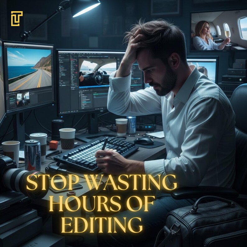May include: A man in a white shirt sits at a desk with multiple computer monitors, looking stressed. The monitors display video editing software. The text "STOP WASTING HOURS OF EDITING" is displayed in gold letters.