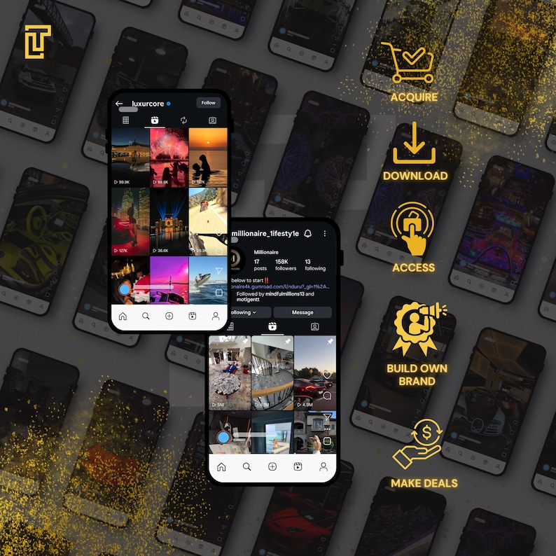 May include: A digital marketing concept featuring multiple smartphones with social media interfaces. The phones display luxury lifestyle content and icons with phrases like "Acquire," "Download," and "Make Deals."