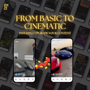 May include: A promotional image featuring multiple smartphones displaying car videos. The text "FROM BASIC TO CINEMATIC" and "INSTANTLY UPGRADE YOUR CONTENT" is overlaid on the image. A red arrow with gold coins points towards the phone with the car videos.