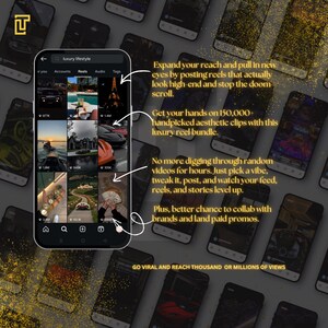 May include: A smartphone screen displaying a social media app with luxury lifestyle content. The image includes text promoting a reel bundle with aesthetic clips to increase reach and collaboration opportunities. The background features multiple smartphones.