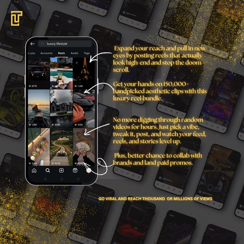May include: A smartphone screen displaying a social media app with luxury lifestyle content. The image includes text promoting a reel bundle with aesthetic clips to increase reach and collaboration opportunities. The background features multiple smartphones.