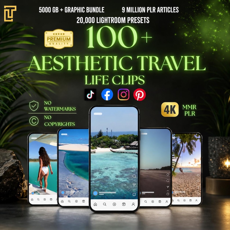 May include: Promotional image featuring several smartphones displaying travel-themed photos. Text includes "Aesthetic Travel Life Clips," "5000 GB + Graphic Bundle," and "20,000 Lightroom Presets." The image also highlights "No Watermarks" and "No Copyrights."
