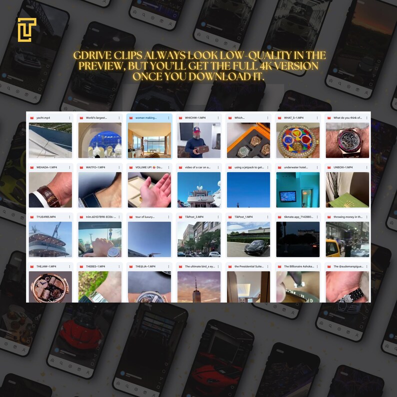 May include: A collection of smartphone screens displaying various images and videos, including luxury items and travel destinations. The text "GDRIVE CLIPS ALWAYS LOOK LOW-QUALITY IN THE PREVIEW, BUT YOU'LL GET THE FULL 4K VERSION ONCE YOU DOWNLOAD IT." is visible.