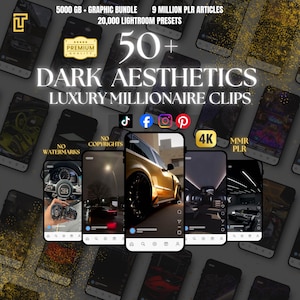 Puede incluir: Imagen promocional con múltiples smartphones que muestran contenido temático de coches de lujo. El texto incluye "50+ Dark Aesthetics Luxury Millionaire Clips", "5000 GB + Graphic Bundle" y "9 Million PLR Articles". También se ven iconos de redes sociales y una insignia de "Premium Quality".