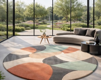 Hand Tufted Wool Rug – Abstract Mid-Century Modern Round Carpet for Living Room