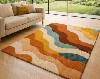 Hand-Tufted Wool Area Rug: Mid-Century Modern Abstract Wave, Earth Tones