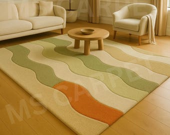 Handmade Abstract Wavy Wool Rug – Modern Green & Cream Carpet (8x10)