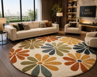 Hand Tufted Wool Round Rug, Floral Area Rug, Modern Boho Carpet, Handmade Living Room Rug, Abstract Flower Rug, Luxury Home Decor