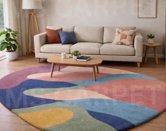 Hand-Tufted Wool Rug – Abstract Wavy Organic Shape, Muted Sage, Navy, Orange, Lavender