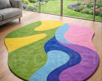 Hand-Tufted Wool Rug – Organic Irregular Shape, Mid Century Modern Abstract Carpet