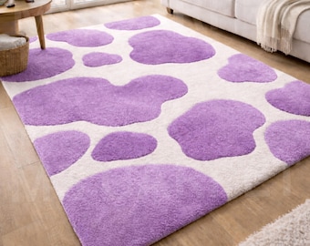 Hand-Tufted Wool Rug – Lavender Cow Print, Plush Abstract Area Rug