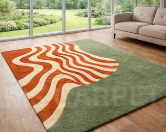 Hand Tufted Wool Rug, Abstract Wave Pattern, Green Beige Area Carpet