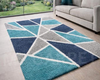 Hand-Tufted Wool Shag Rug – Navy, Teal, Grey Geometric Prism Design