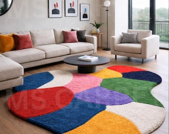 Hand Tufted Wool Rug – Abstract Irregular Shape, Mid Century Modern Decor