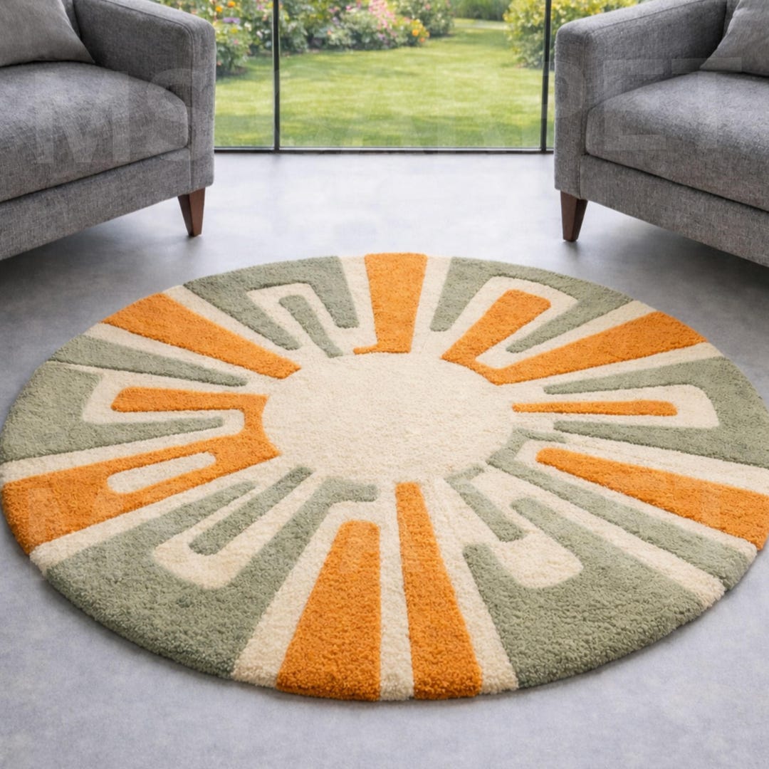 Hand-tufted Wool Circle Rug – Retro Sunburst, Mid-century Modern Style ...