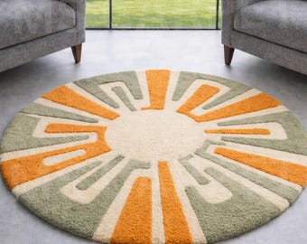Hand-Tufted Wool Circle Rug – Retro Sunburst, Mid-Century Modern Style