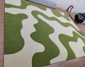 Hand Tufted Wool Rug, Abstract Green Cream Area Rug, Modern Organic Rug, Luxury Living Room Carpet, Contemporary Bedroom Decor
