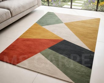 Hand-Tufted Wool Area Rug, Mid Century Modern Geometric Abstract Carpet