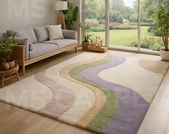Hand-Tufted Wool Area Rug – Retro Wavy Pastel Swirl Design