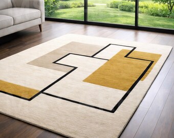Hand-Tufted Wool Rug – Geometric Mid-Century Modern Design, Ochre Yellow & Cream