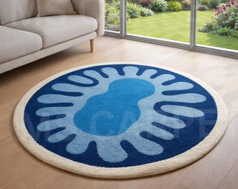 Hand Tufted Wool Rug – Round Abstract Blue Biophilic Design Carpet