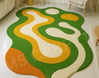 Handmade Abstract Wavy Wool Rug, Modern Green Yellow Cream Carpet